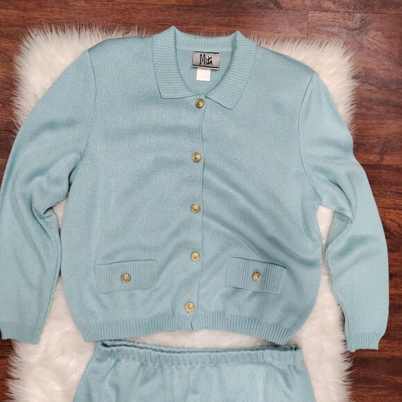Vintage Mita Blue Knit Button Front Longsleeve Cardigan Top & Skirt Set Size 12P - Picture 4 of 14